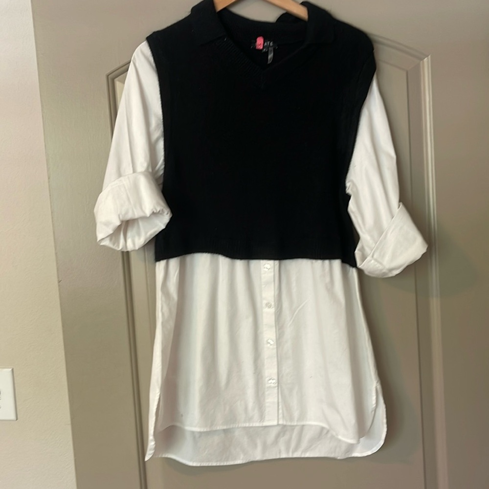 1. State tunic length button up with attached crop vest size large